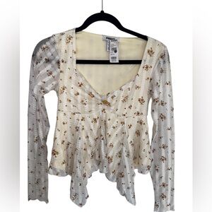 RSQ Fairy Cream Floral Peplum Long Sleeve Top with Brown Print